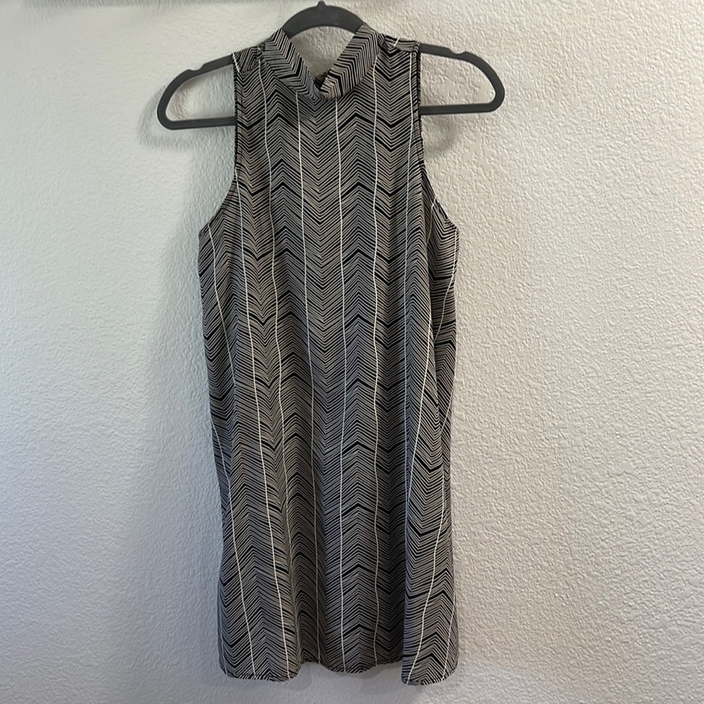 Black and White Geometric Print Mock Turtle Neck Tie Back Dress
